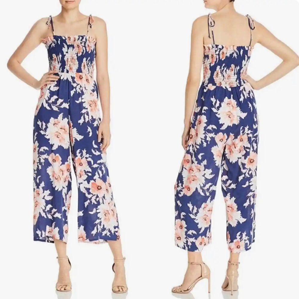 Aqua Smocked Top Blue Floral Wide Cropped‎ Leg Jumpsuit M
